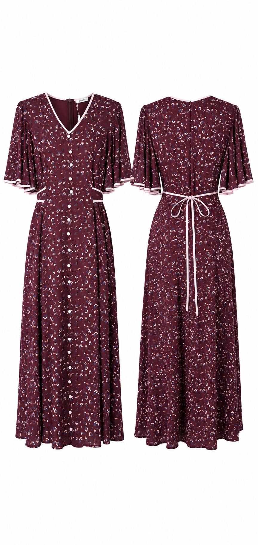 Burgundy Floral Button-Front Maxi Dress with Flutter Sleeves
