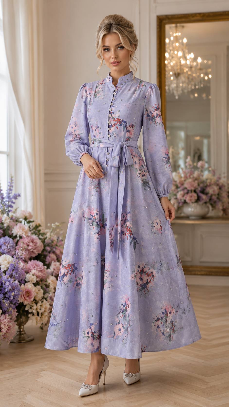 Lavender Bloom Embellished Maxi Dress with Floral Print & Waist Tie