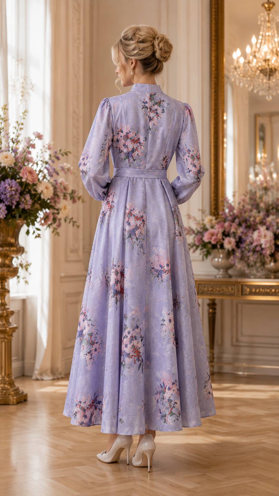 Lavender Bloom Embellished Maxi Dress with Floral Print & Waist Tie