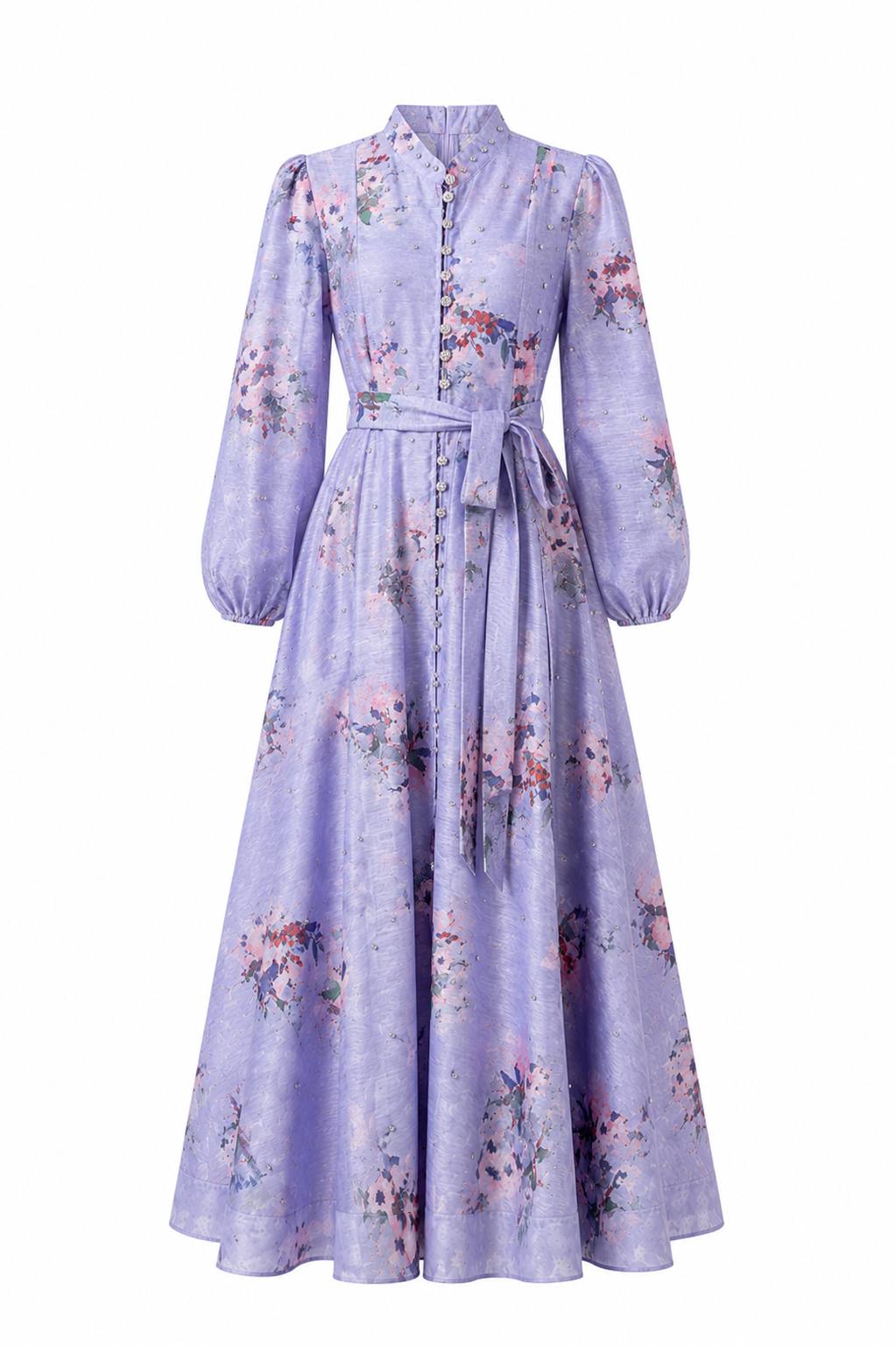 Lavender Bloom Embellished Maxi Dress with Floral Print & Waist Tie
