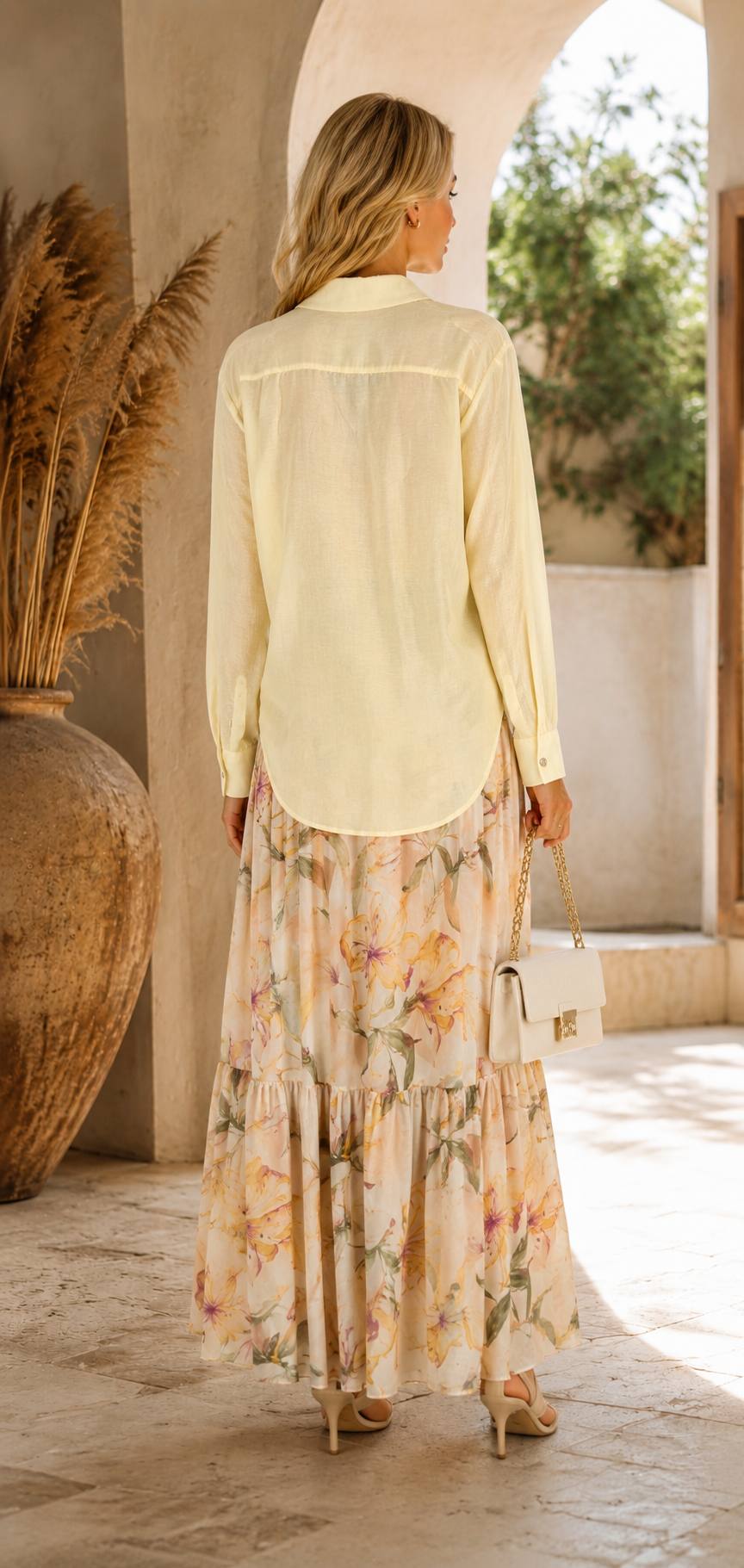 Sunlit Bloom Floral Maxi Dress & Sheer Tie-Front Shirt Set