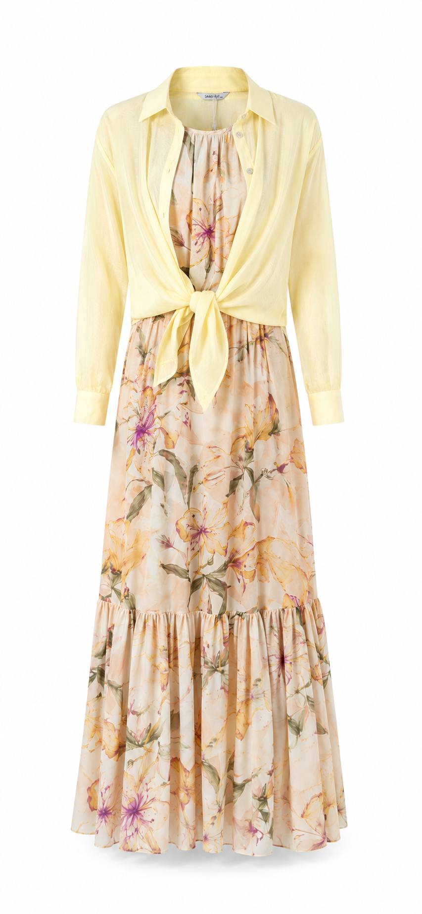 Sunlit Bloom Floral Maxi Dress & Sheer Tie-Front Shirt Set