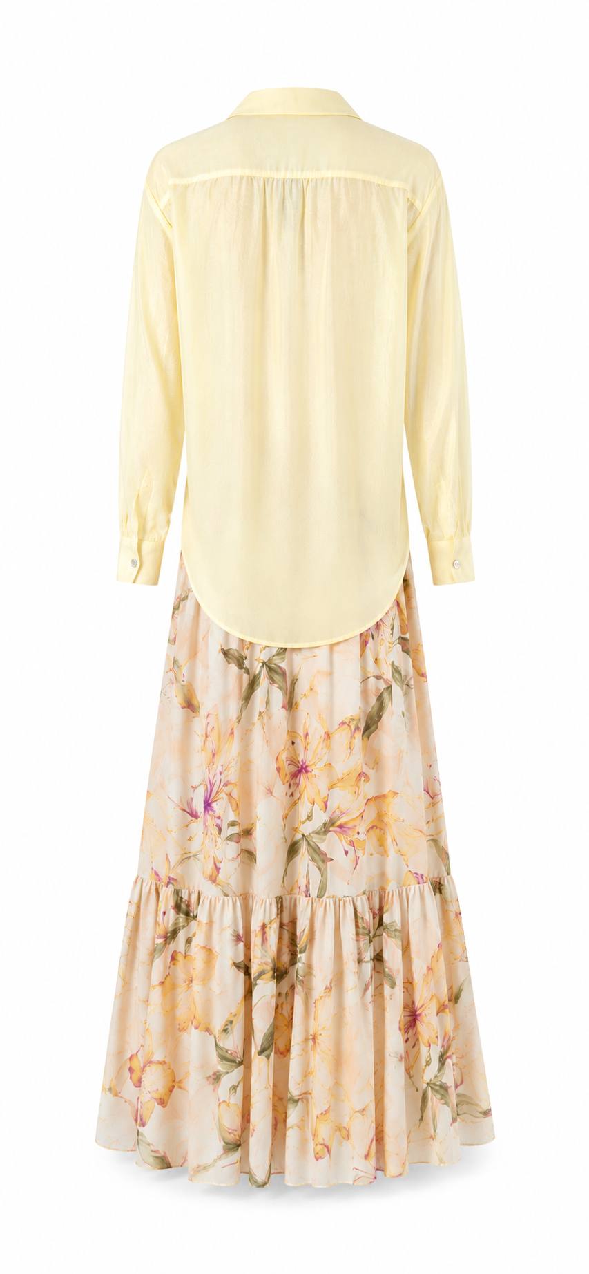 Sunlit Bloom Floral Maxi Dress & Sheer Tie-Front Shirt Set