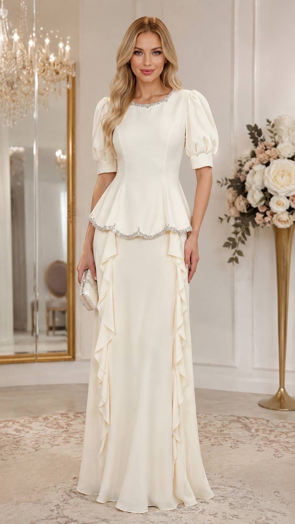 Celestia Pearl Embellished Two-Piece Evening Set