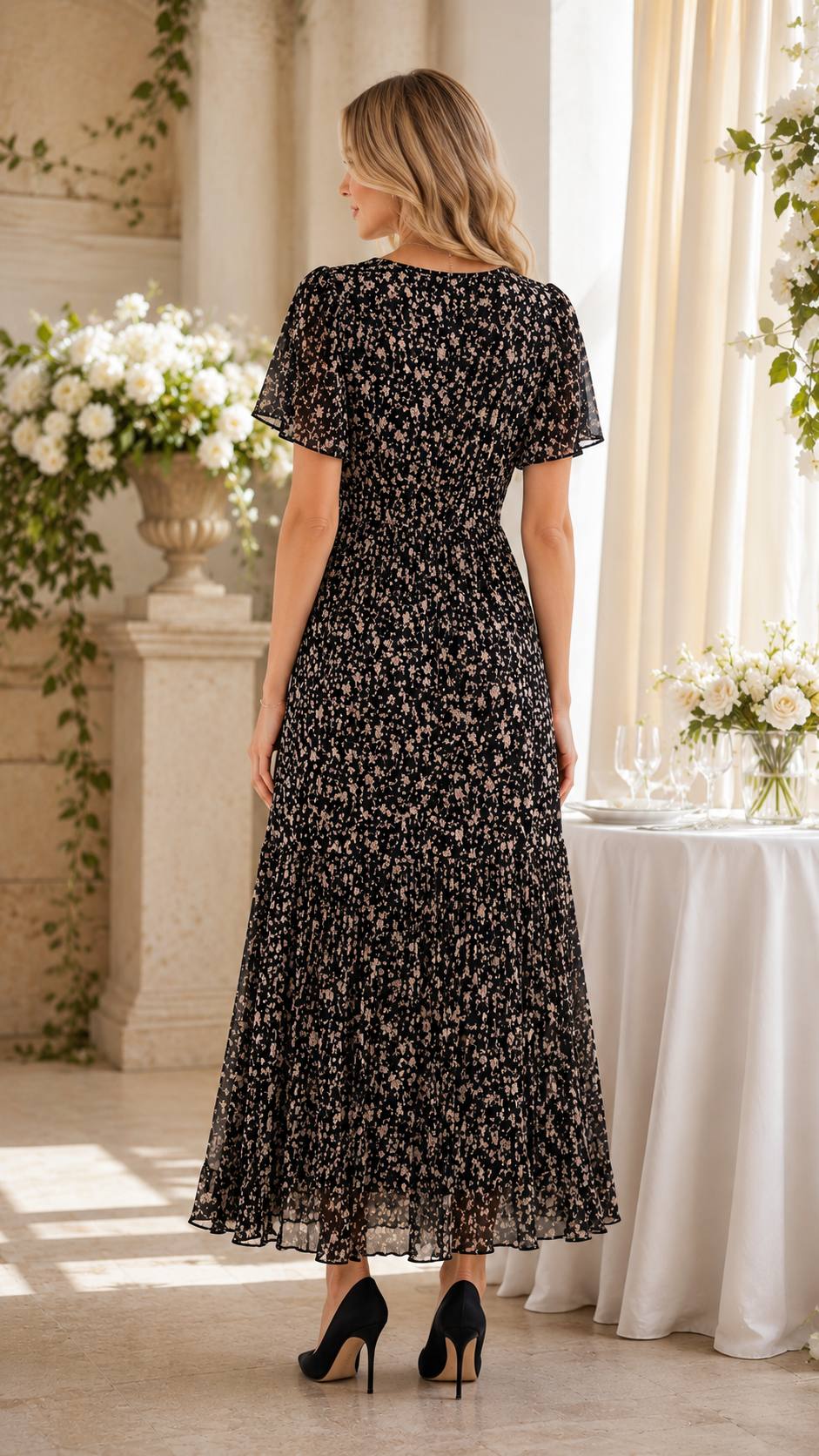 Midnight Bloom Floral Chiffon Maxi Dress