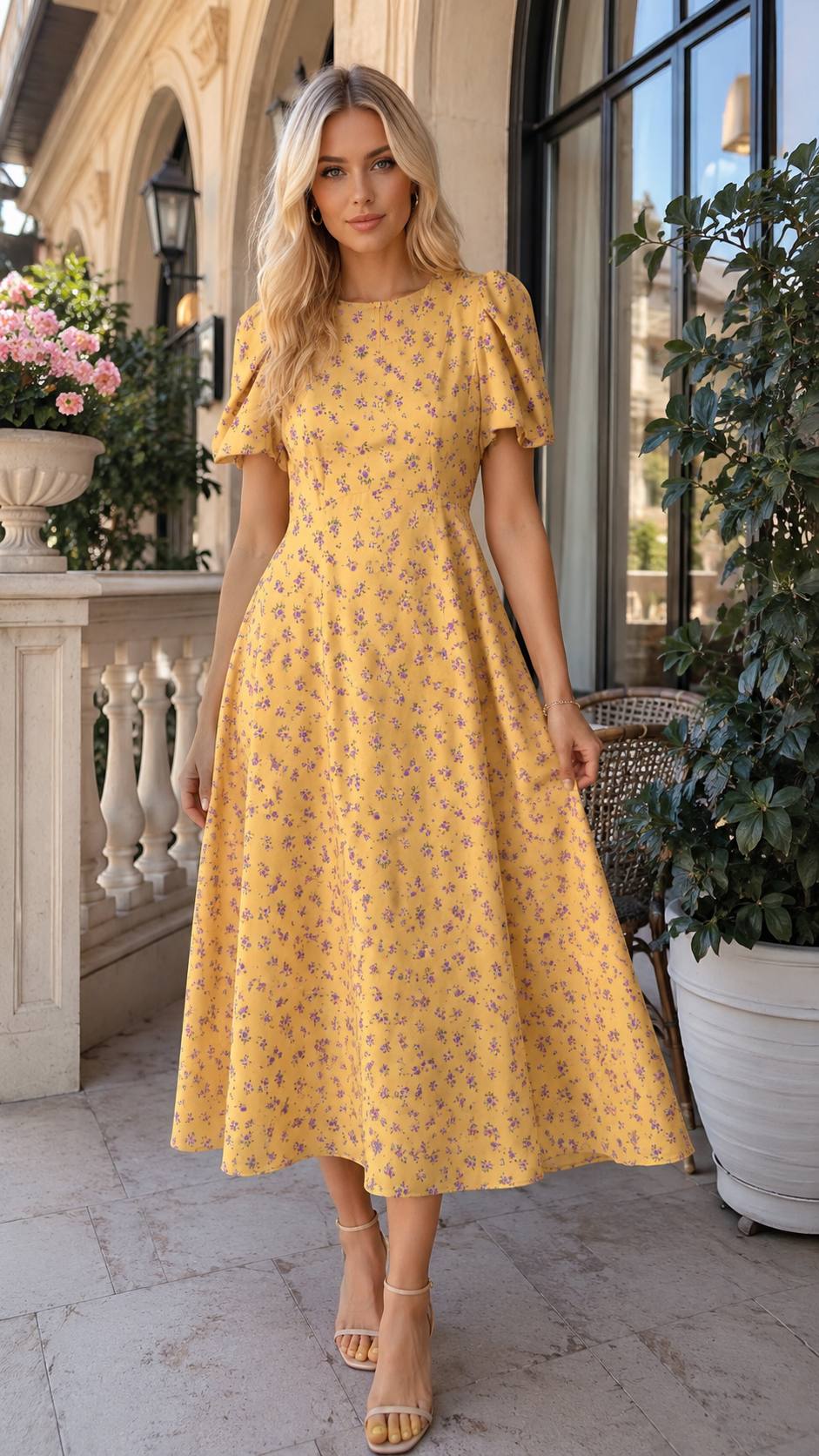 Sunny Blossom Puff Sleeve Midi Dress