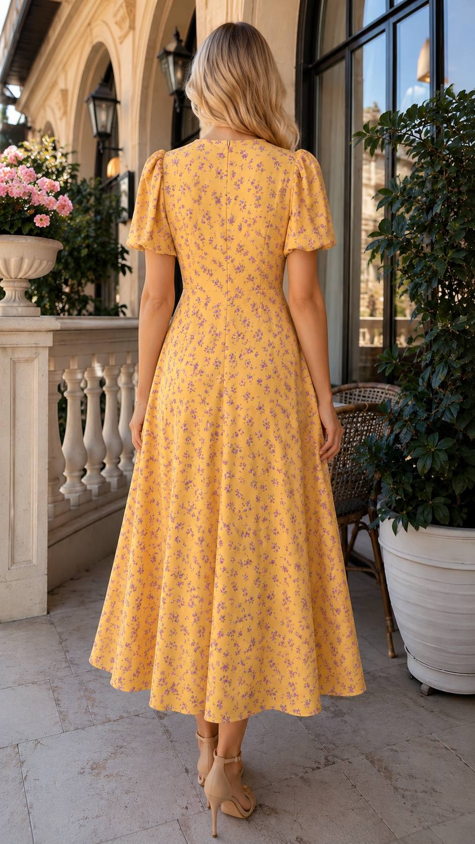 Sunny Blossom Puff Sleeve Midi Dress