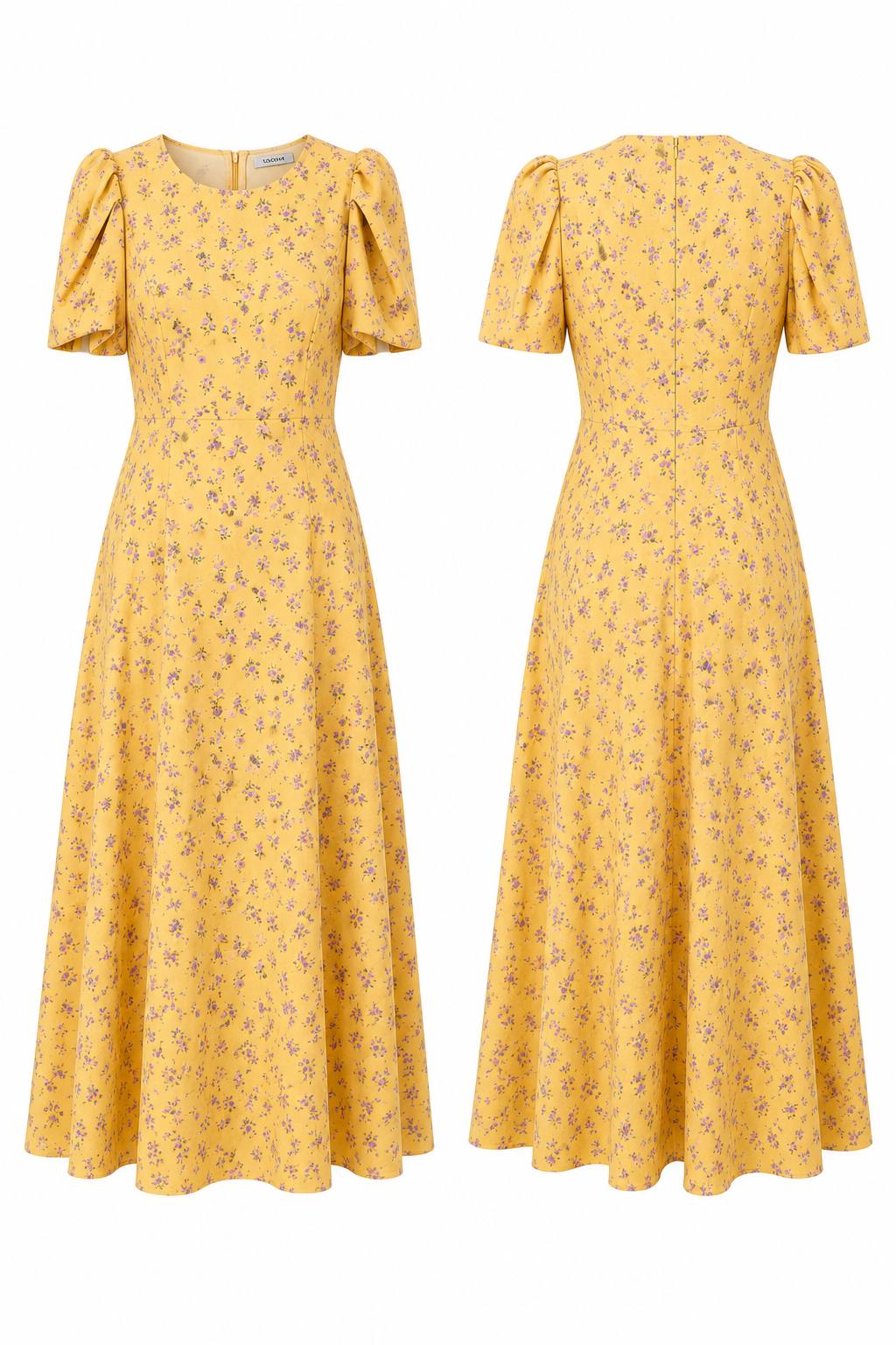 Sunny Blossom Puff Sleeve Midi Dress