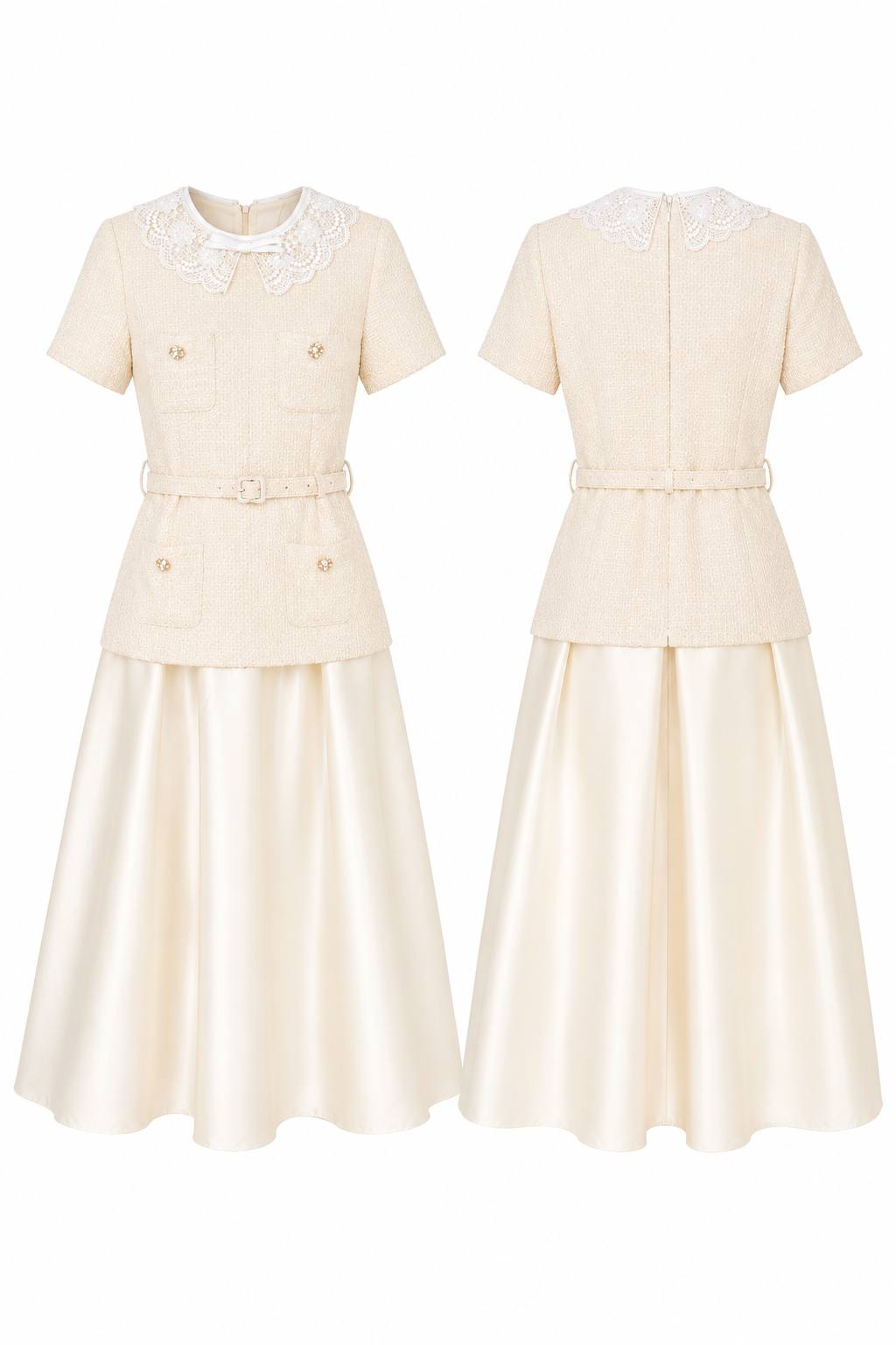 Elegant Ivory Tweed & Satin Midi Dress Set with Lace Collar