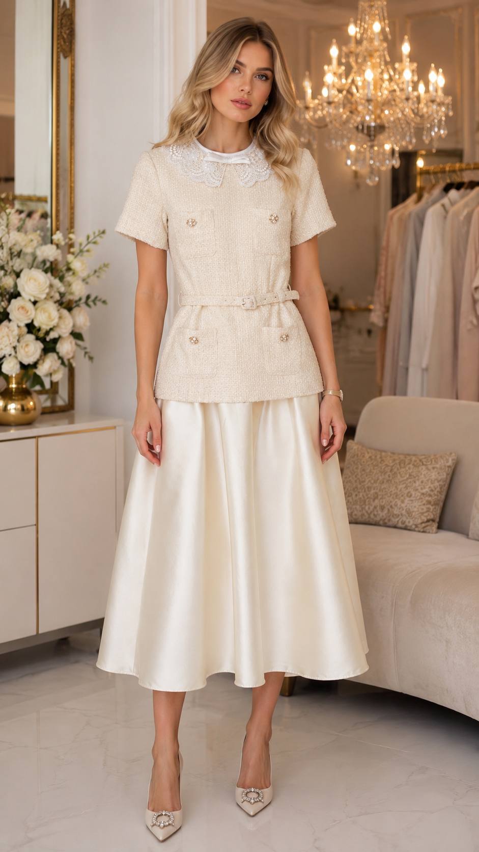Elegant Ivory Tweed & Satin Midi Dress Set with Lace Collar