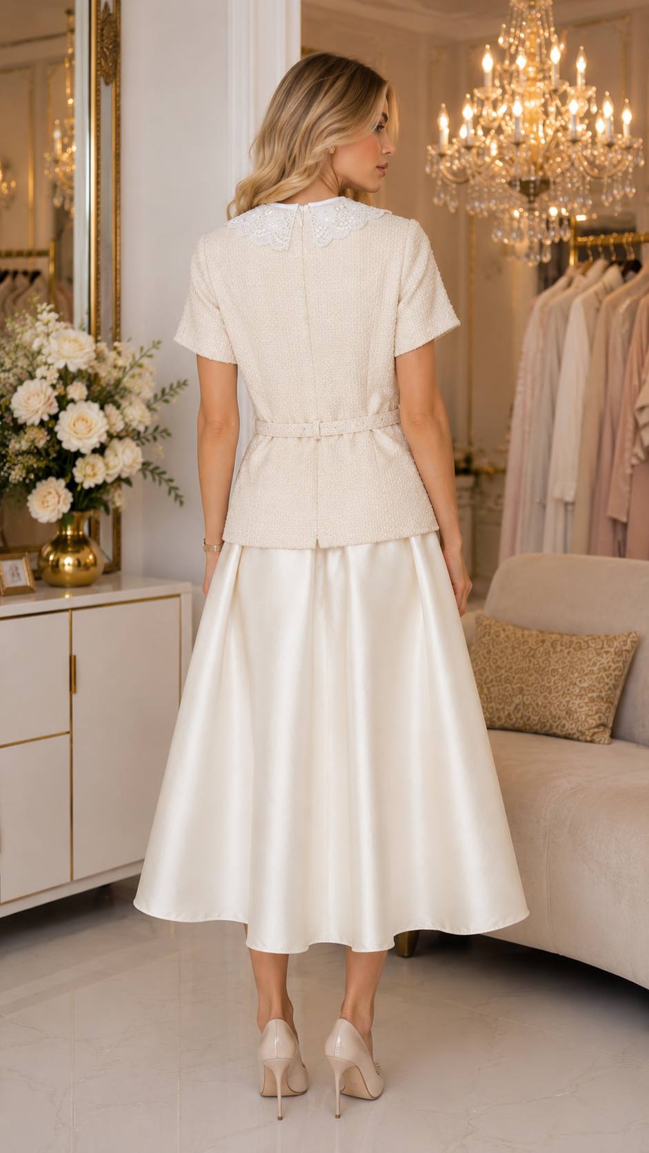 Elegant Ivory Tweed & Satin Midi Dress Set with Lace Collar
