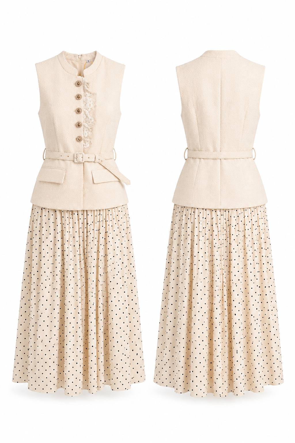 Ivory Tweed Vest & Polka Dot Midi Dress Set with Belt