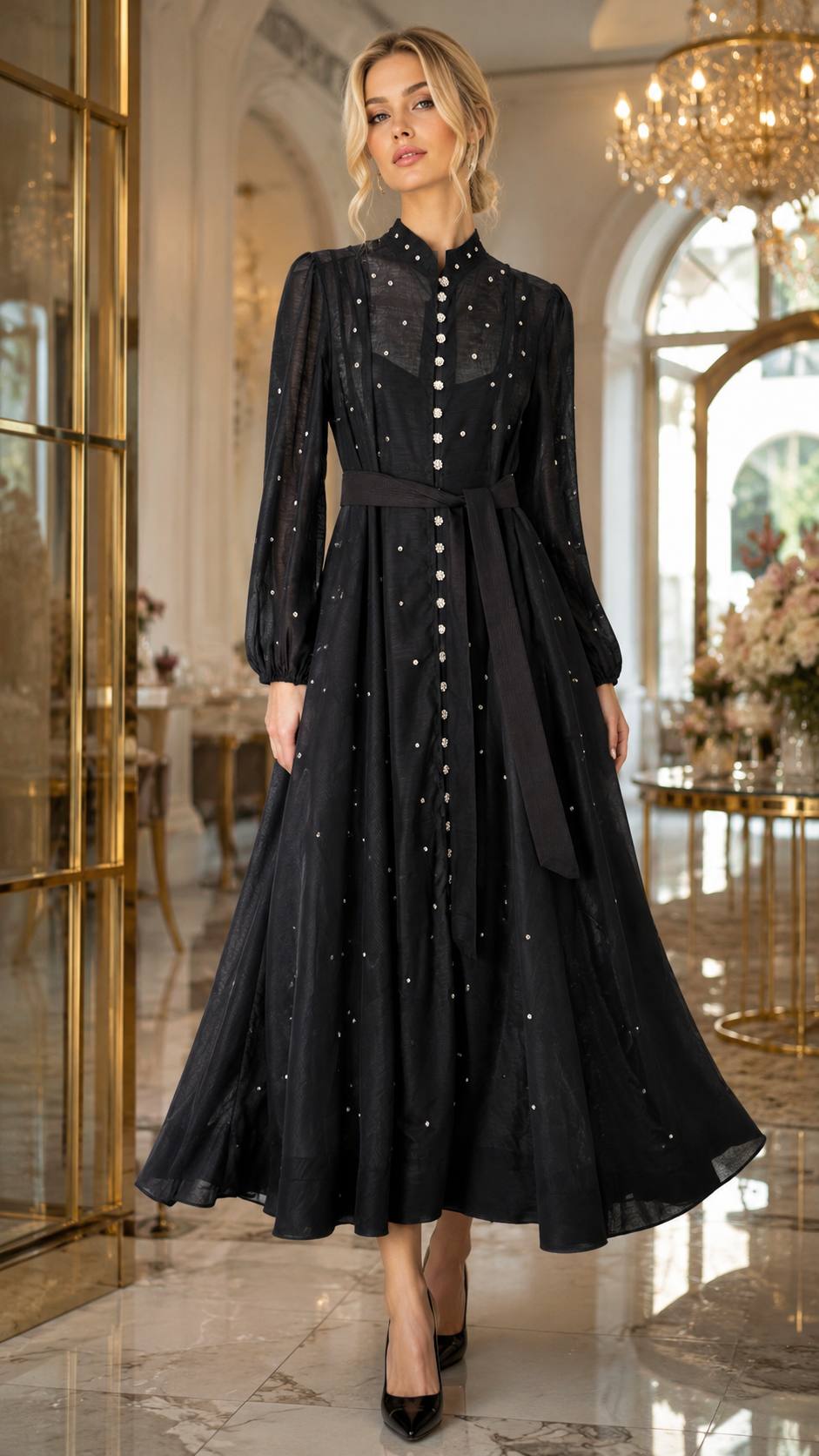 Celeste Pearl Embellished Sheer Maxi Dress – Black