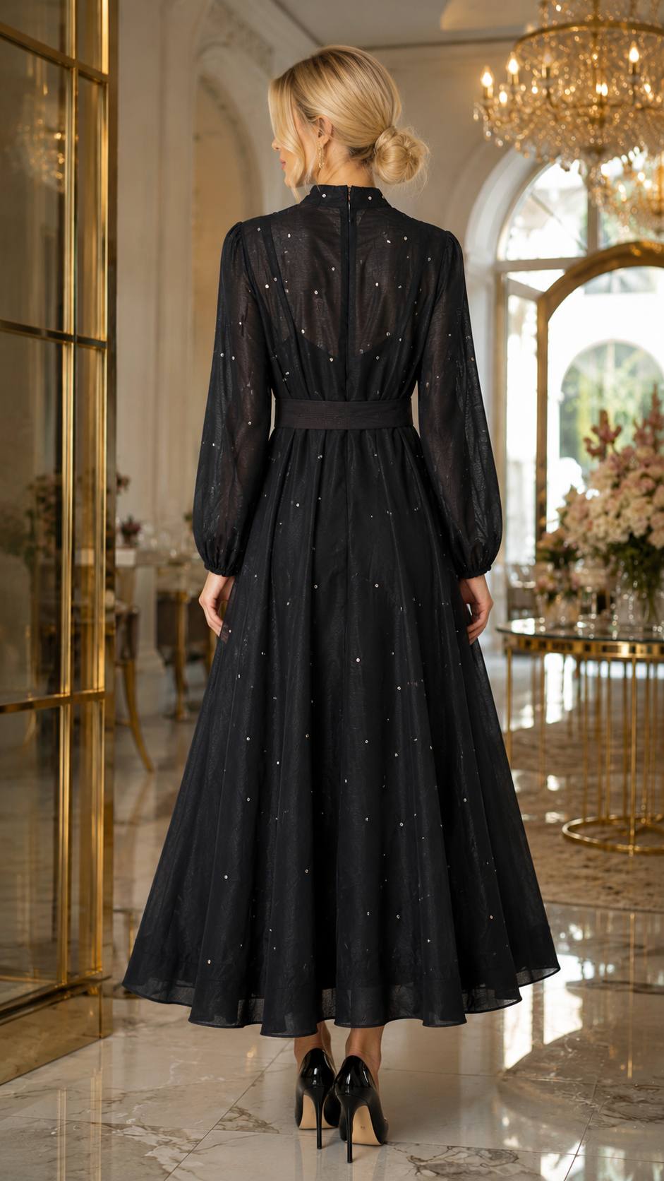 Celeste Pearl Embellished Sheer Maxi Dress – Black