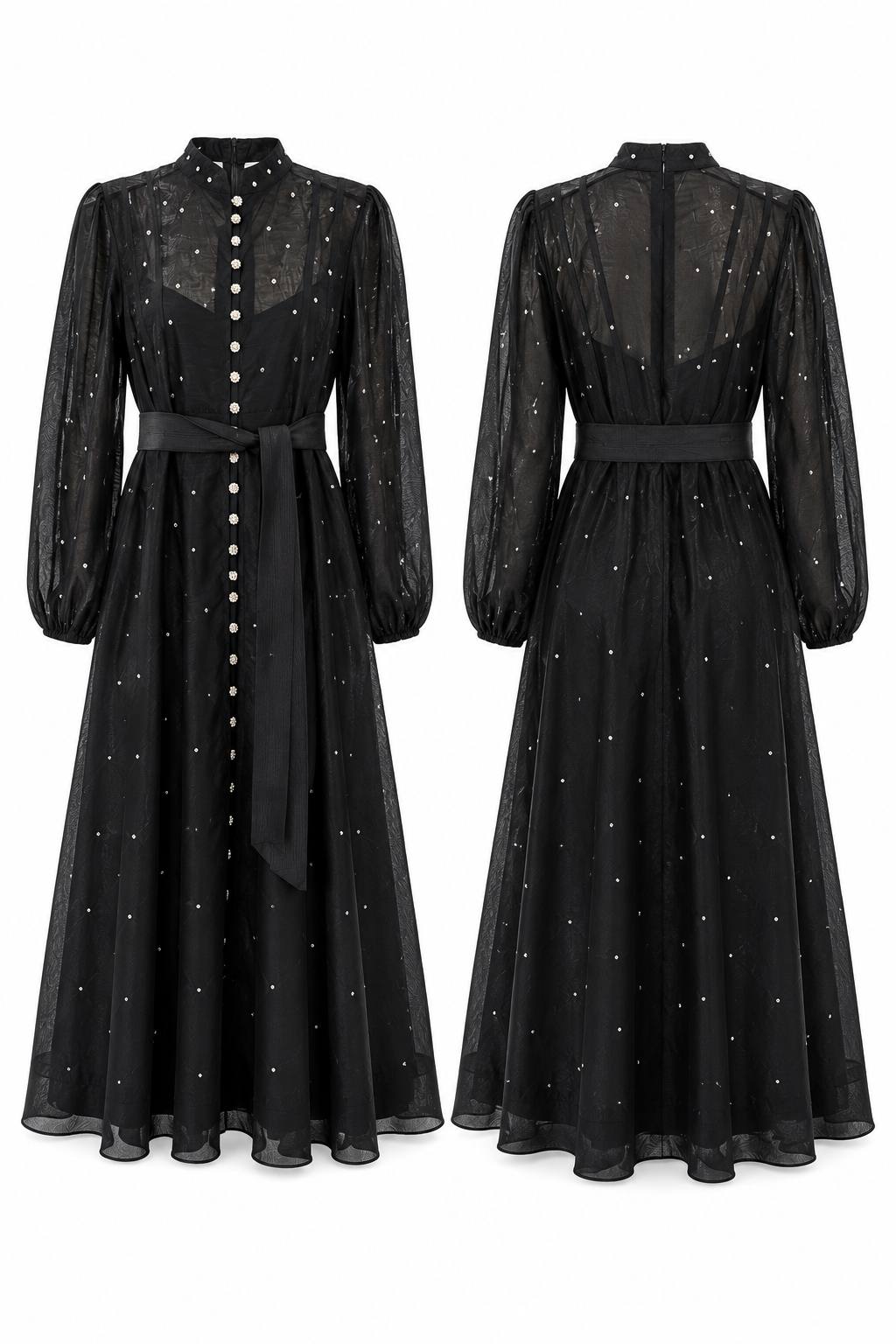 Celeste Pearl Embellished Sheer Maxi Dress – Black