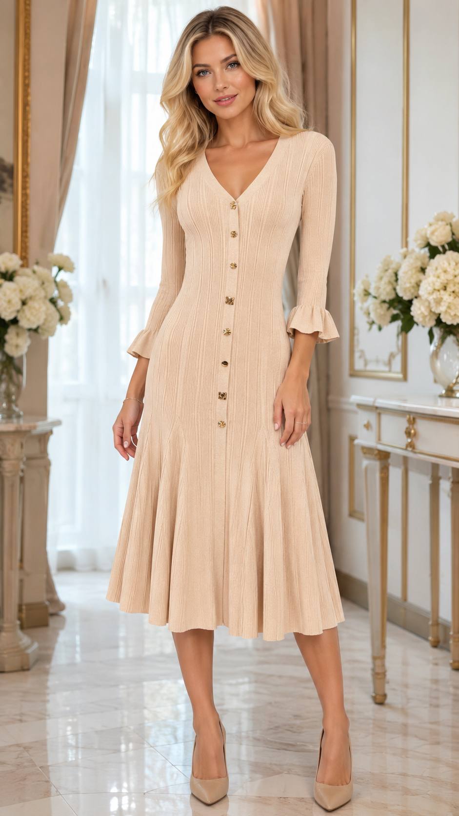 Luna Luxe Ribbed Knit Midi Dress – Champagne Beige