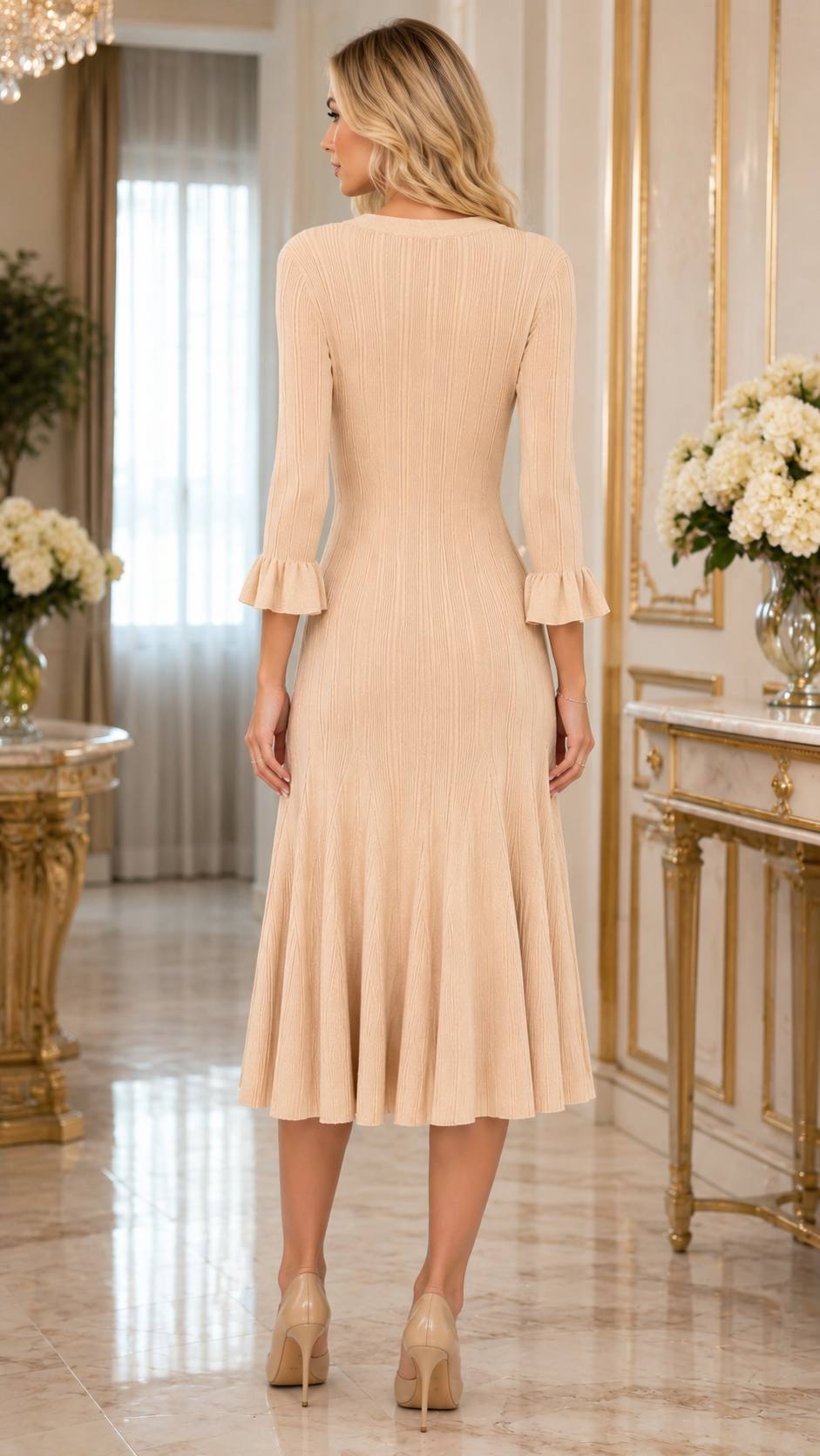 Luna Luxe Ribbed Knit Midi Dress – Champagne Beige