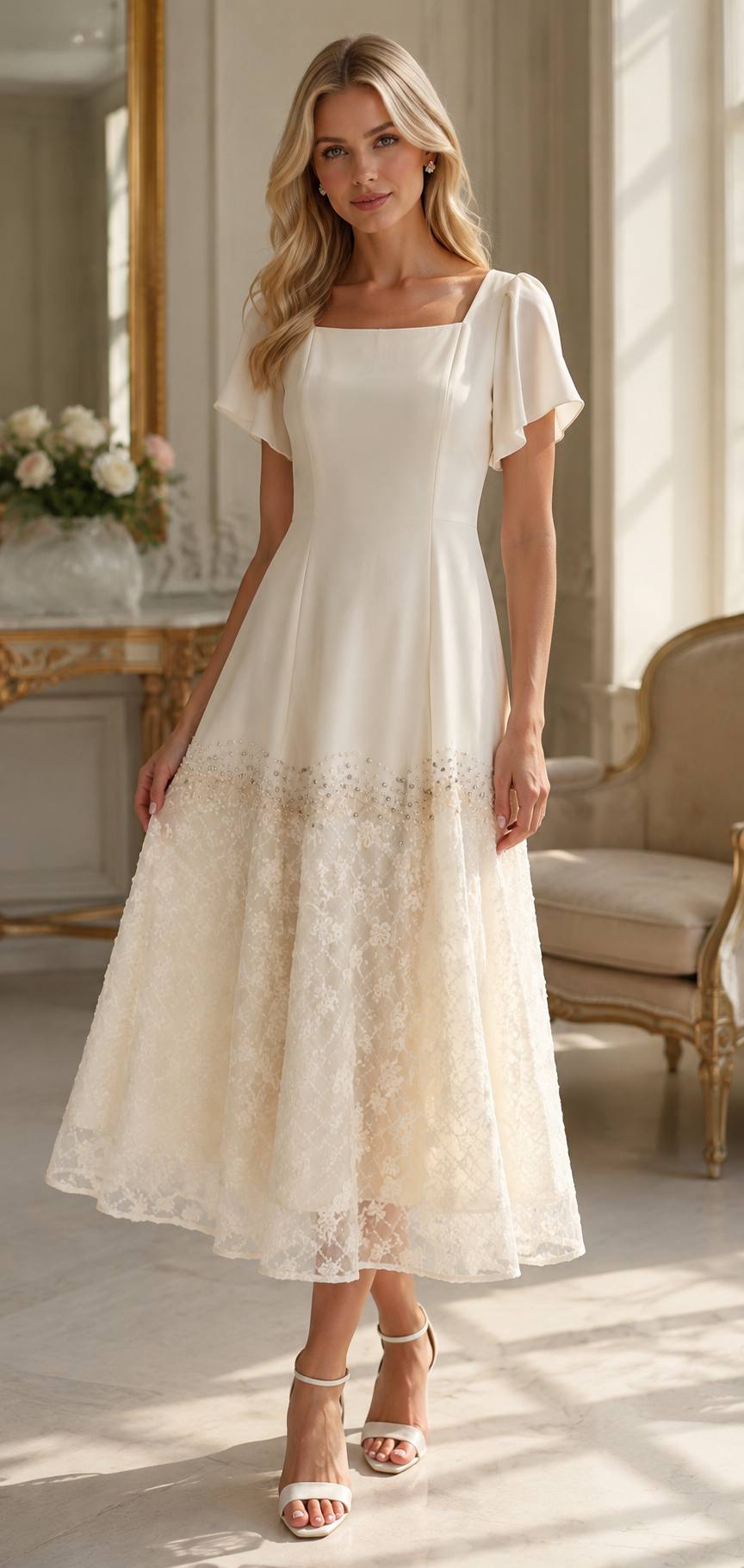 Ivory Pearl Embellished Lace Midi Dress