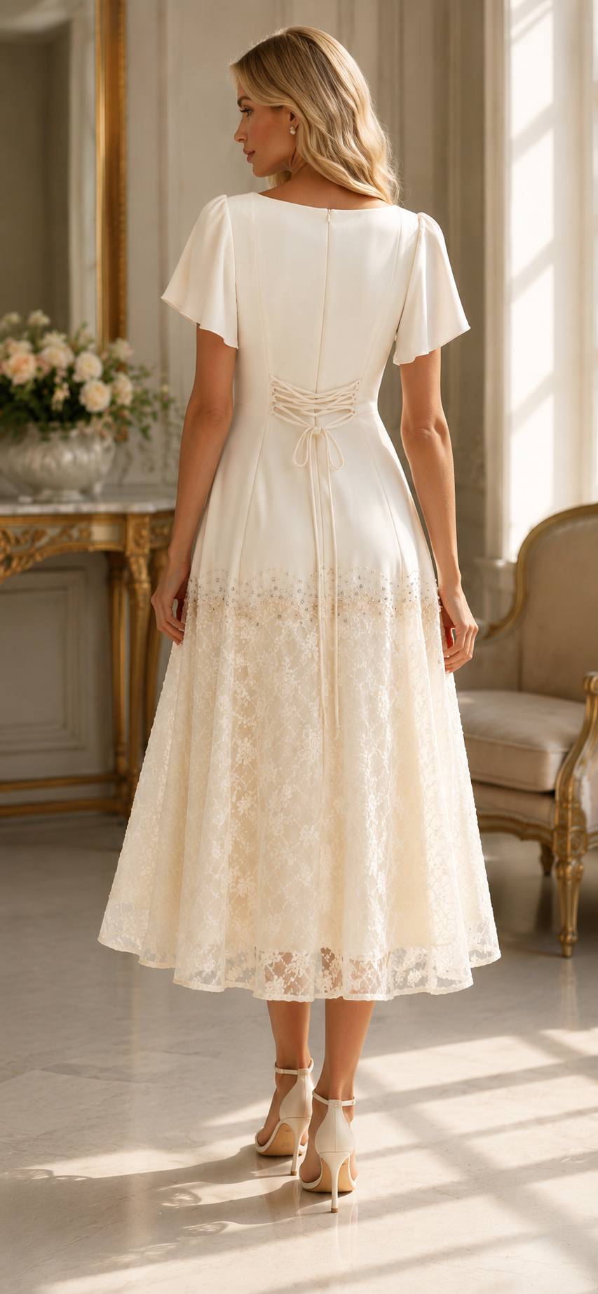 Ivory Pearl Embellished Lace Midi Dress