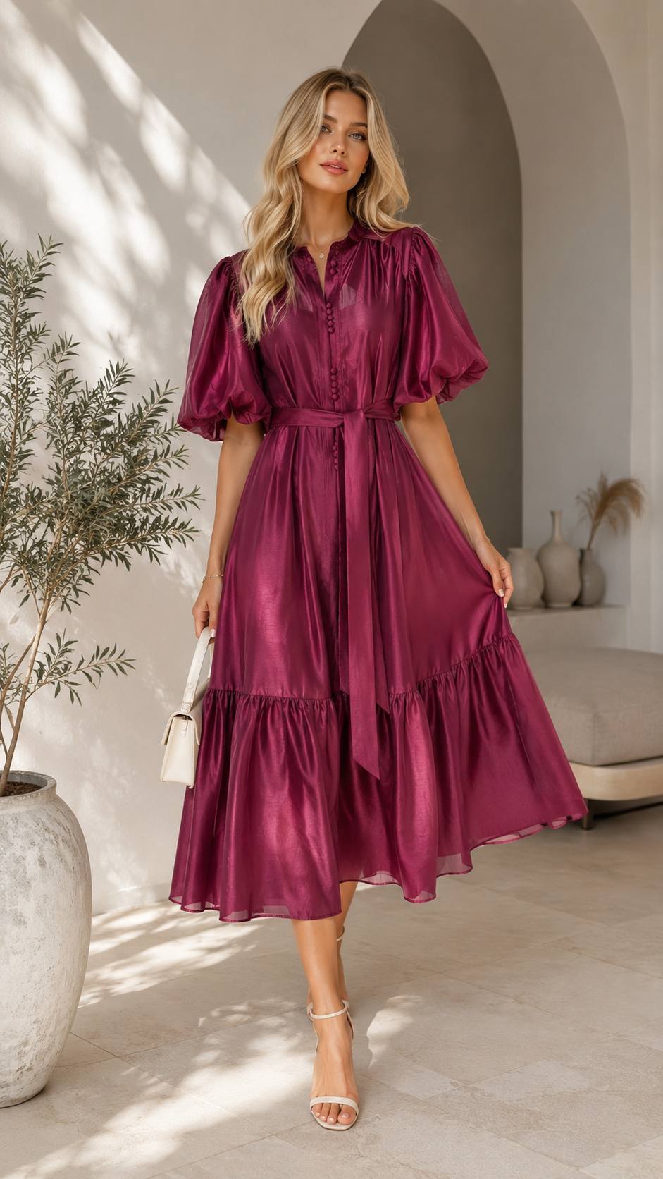 Celeste Satin Puff Sleeve Midi Dress – Burgundy