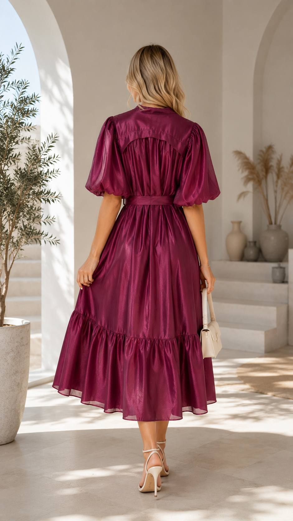 Celeste Satin Puff Sleeve Midi Dress – Burgundy