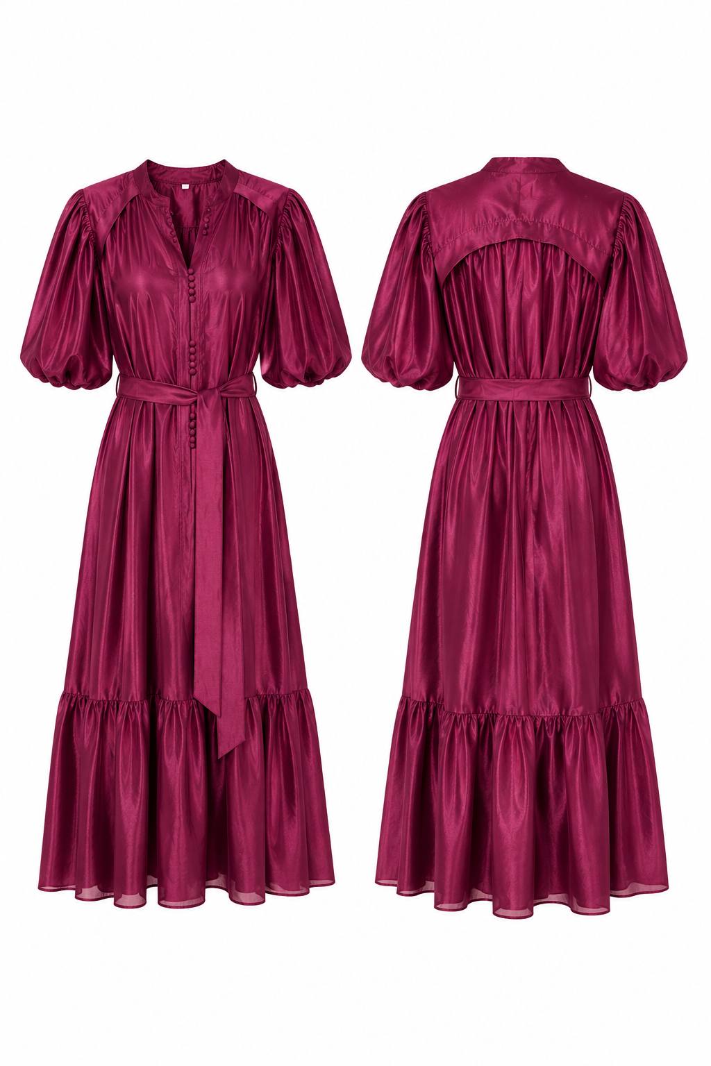 Celeste Satin Puff Sleeve Midi Dress – Burgundy