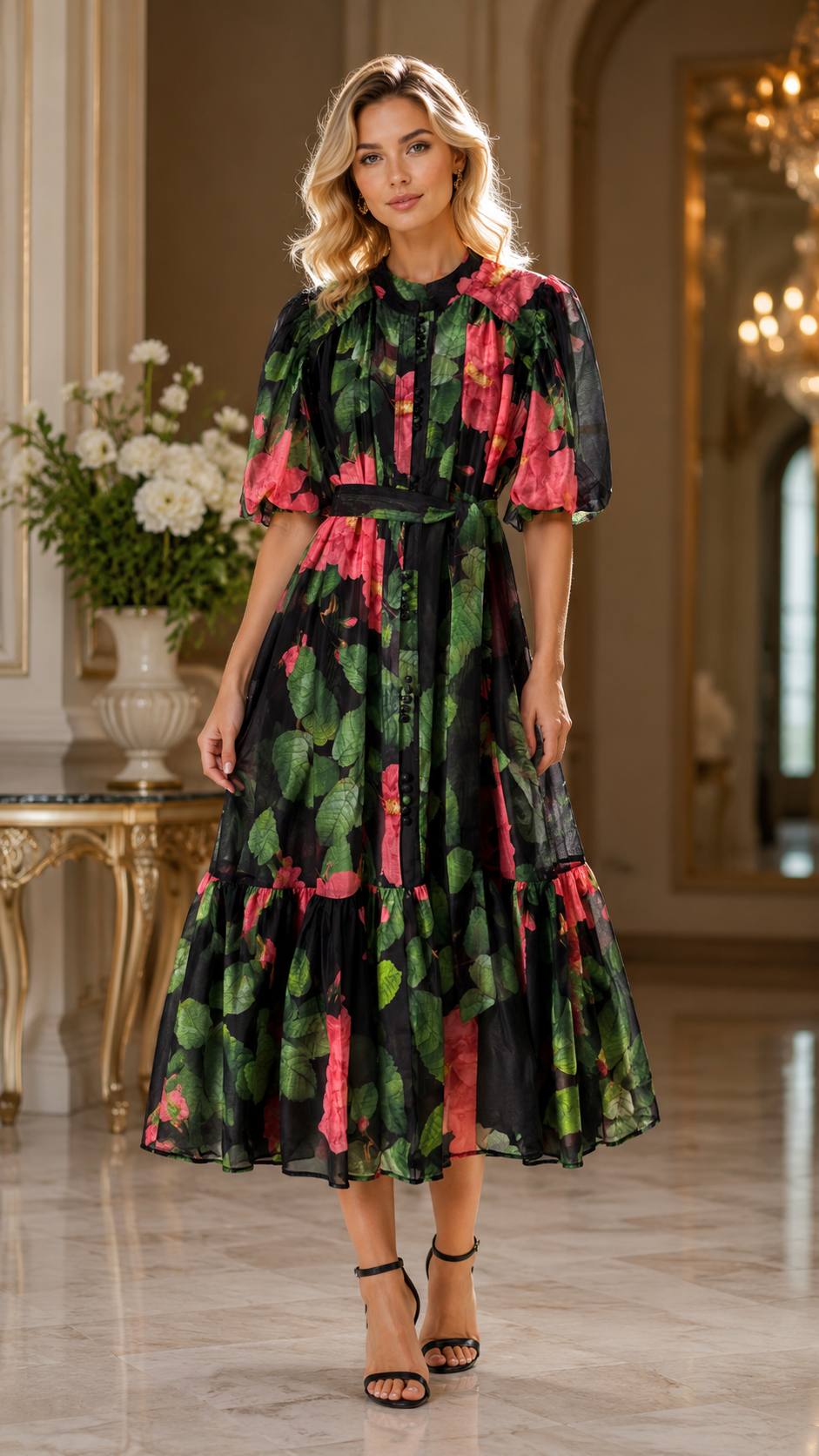 Midnight Bloom Floral Chiffon Maxi Dress with Belt