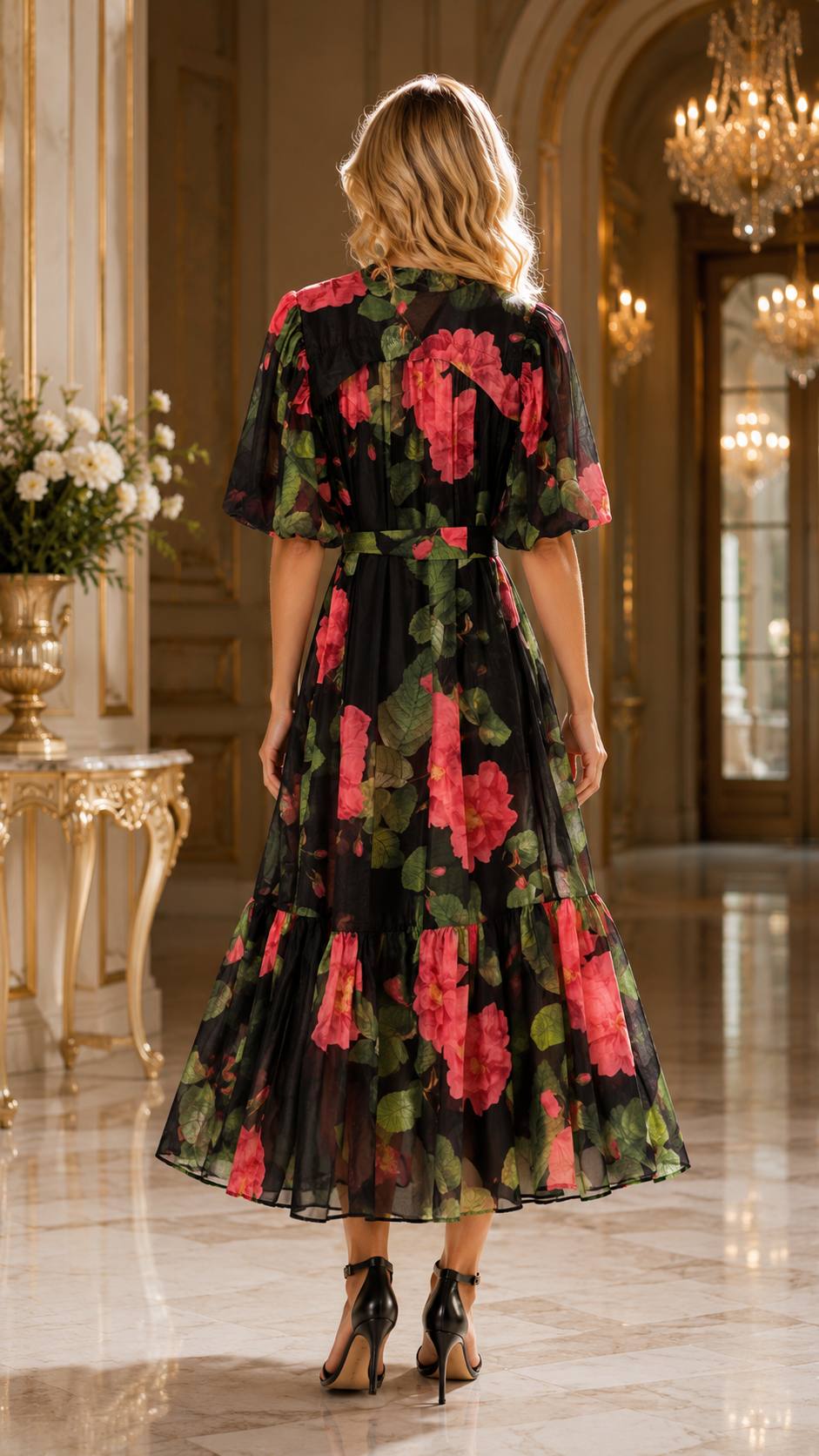 Midnight Bloom Floral Chiffon Maxi Dress with Belt