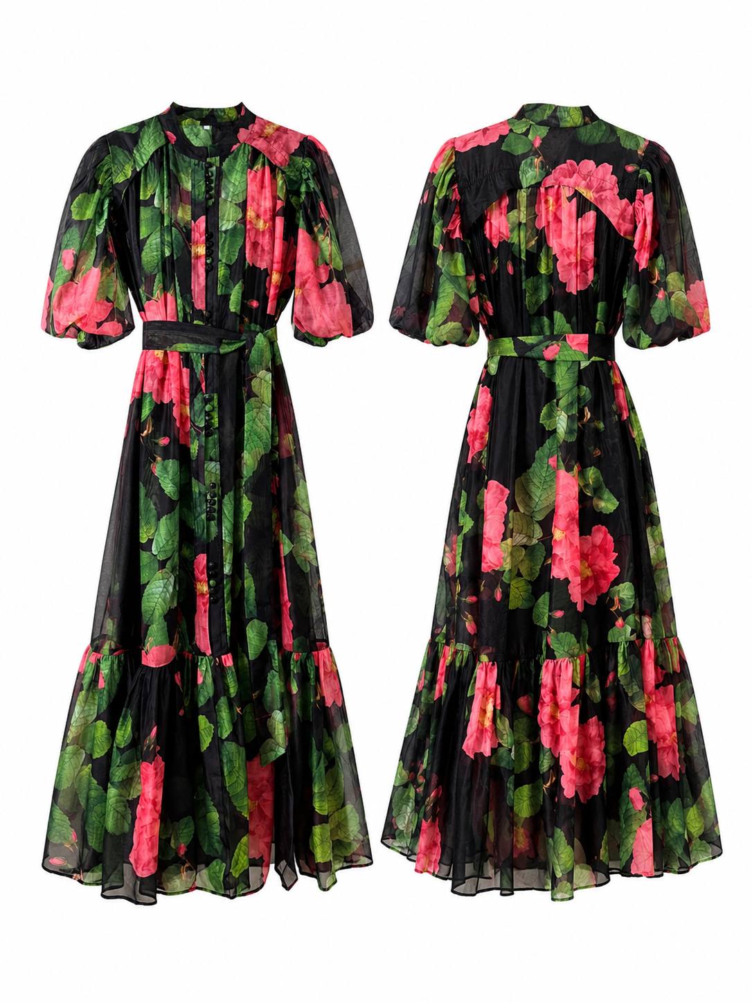 Midnight Bloom Floral Chiffon Maxi Dress with Belt