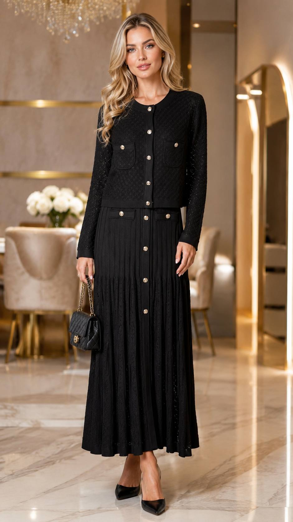 Elegant Black Knit Cardigan & Pleated Maxi Dress Set