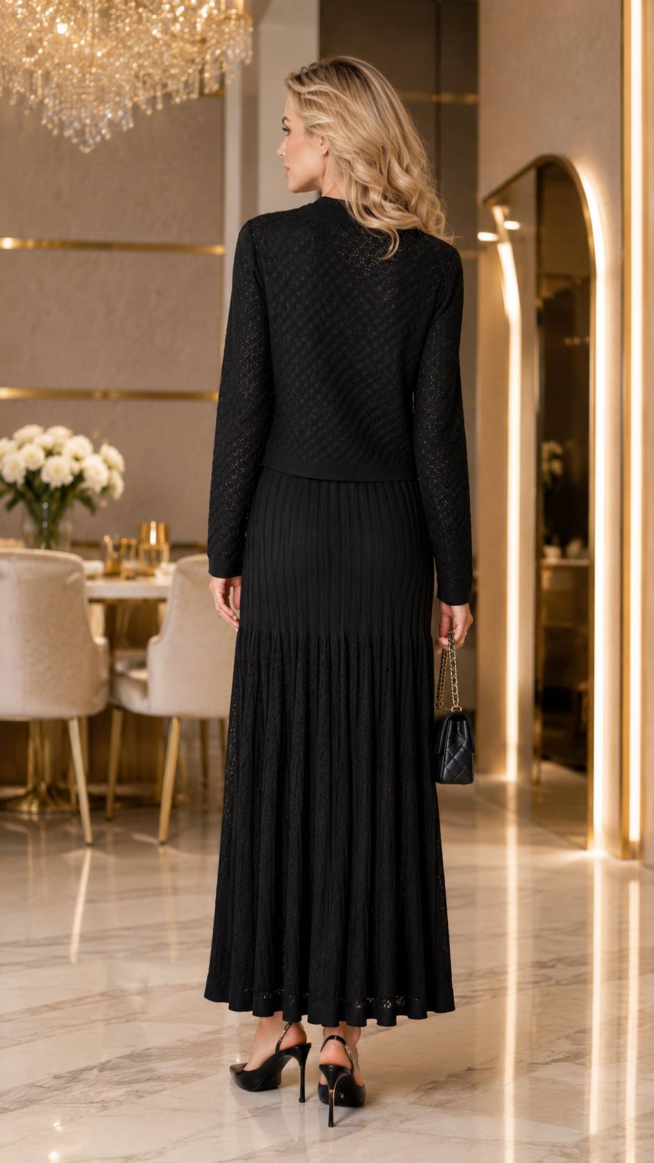Elegant Black Knit Cardigan & Pleated Maxi Dress Set
