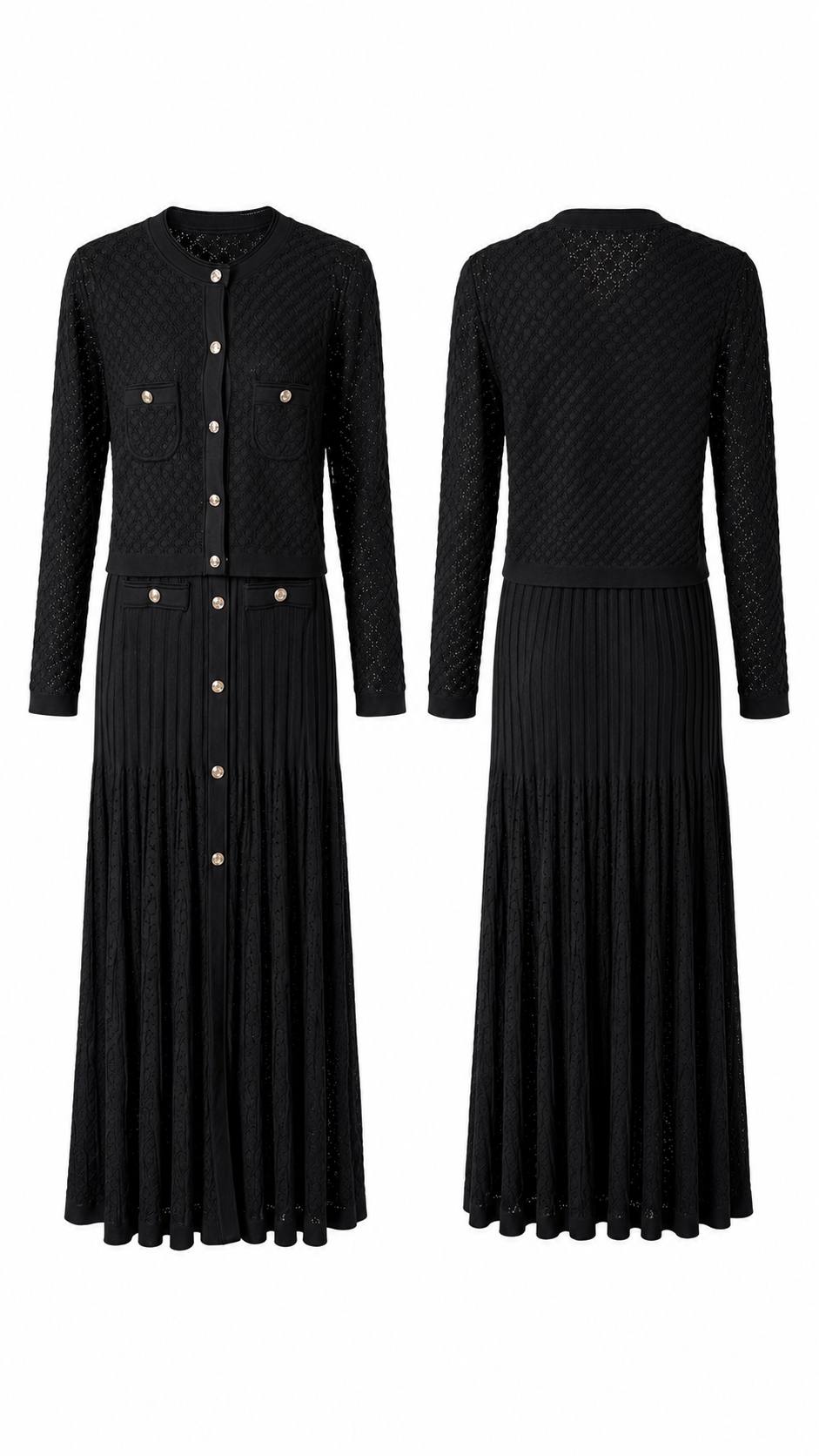 Elegant Black Knit Cardigan & Pleated Maxi Dress Set