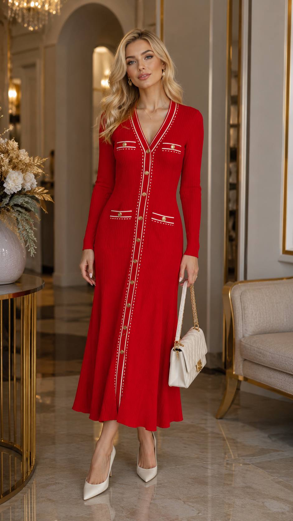 Elegant Red Ribbed Knit Maxi Dress with Gold Button Details