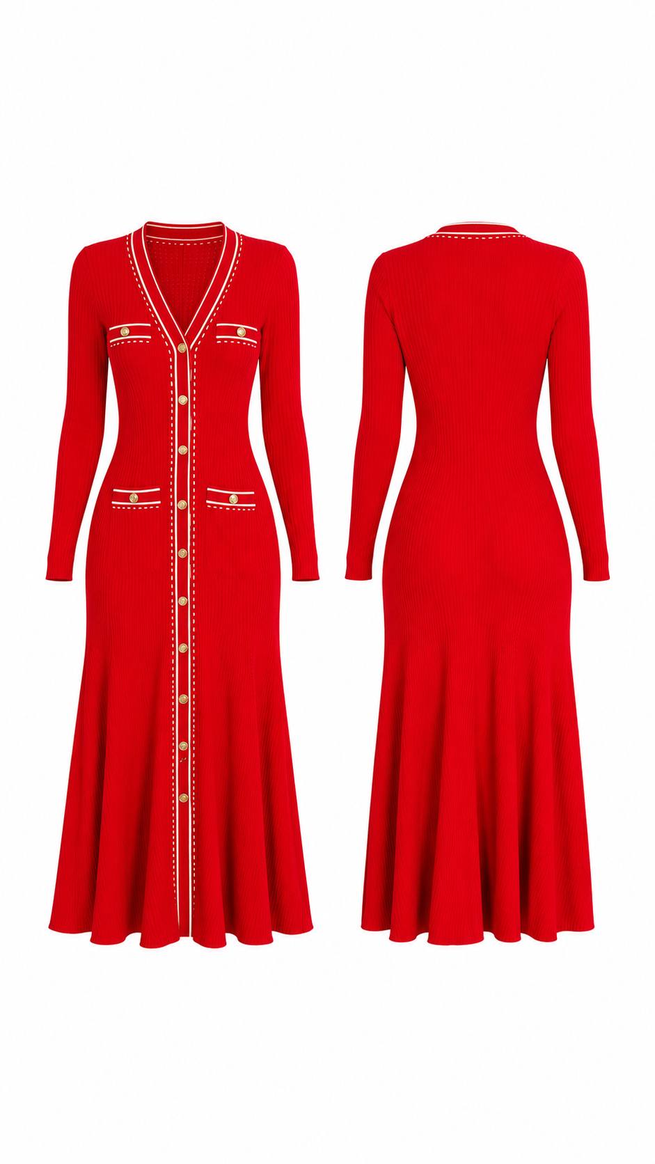 Elegant Red Ribbed Knit Maxi Dress with Gold Button Details