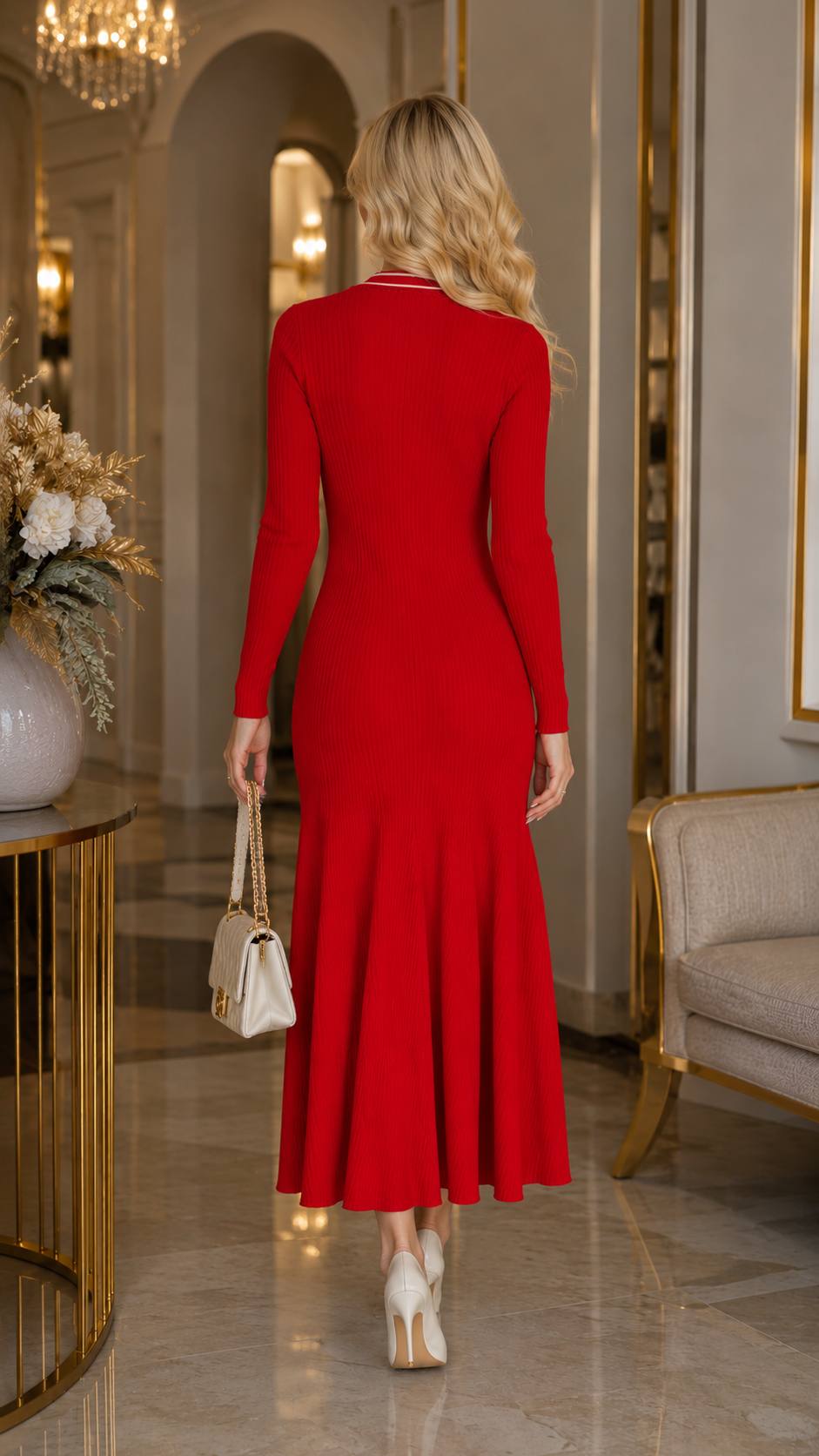 Elegant Red Ribbed Knit Maxi Dress with Gold Button Details