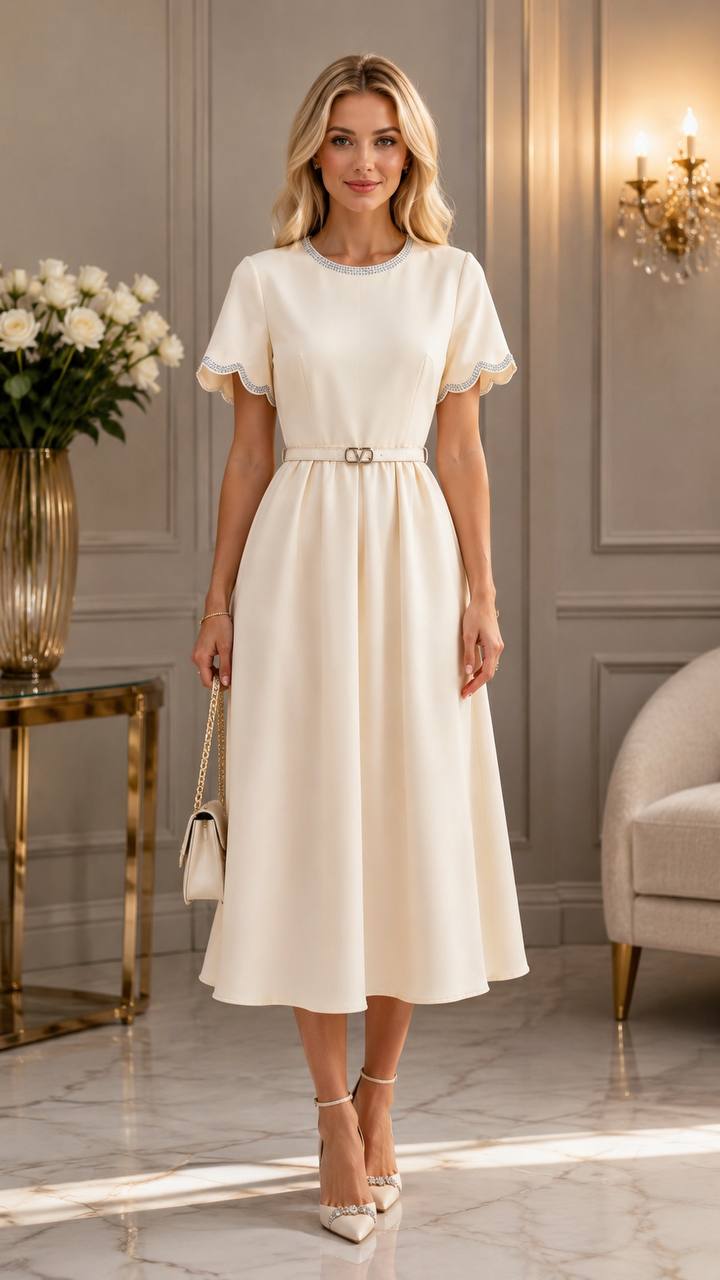 Elegant Ivory Midi Dress with Crystal Trim Belt