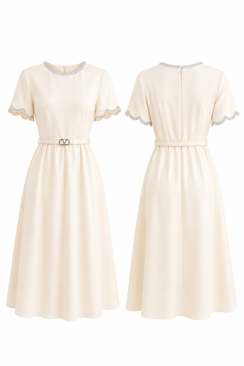 Elegant Ivory Midi Dress with Crystal Trim Belt