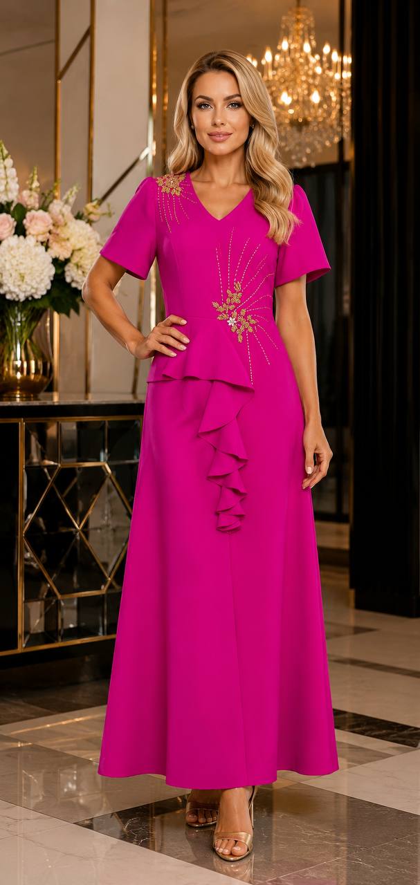 Elegant Fuchsia Embellished Maxi Dress with Asymmetrical Ruffle Detail