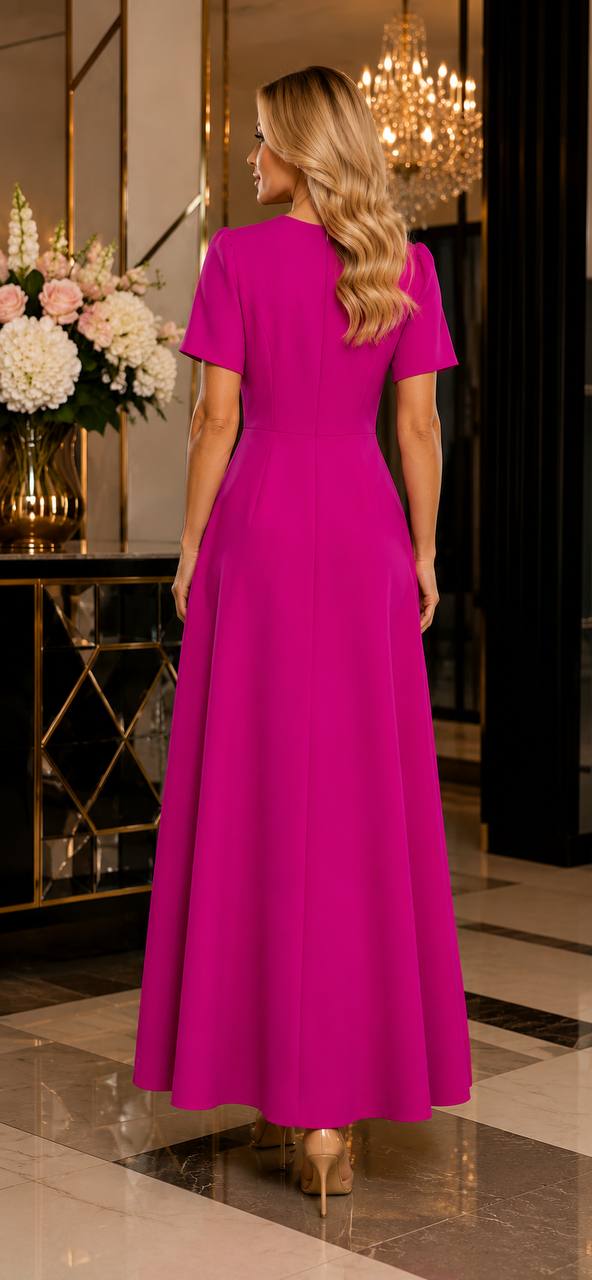 Elegant Fuchsia Embellished Maxi Dress with Asymmetrical Ruffle Detail