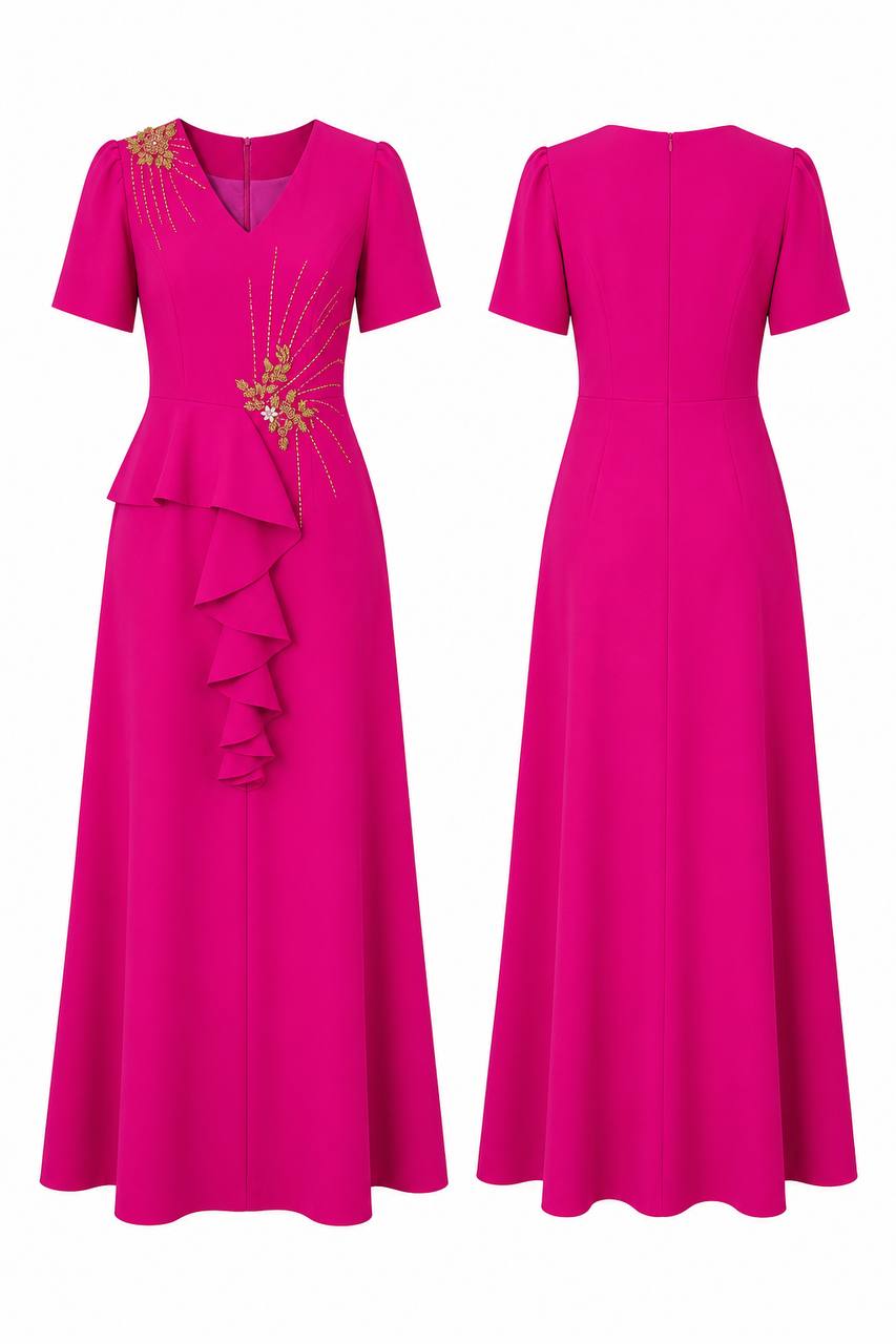 Elegant Fuchsia Embellished Maxi Dress with Asymmetrical Ruffle Detail