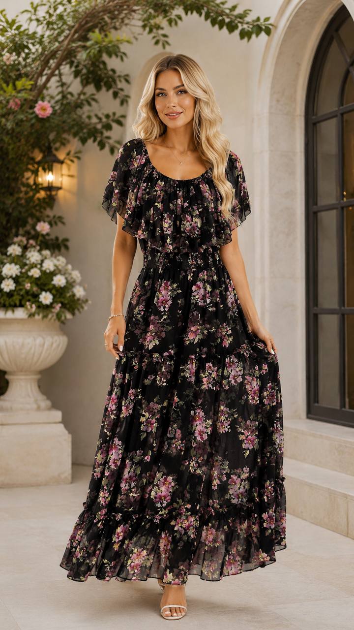 Midnight Blossom Off-Shoulder Floral Maxi Dress