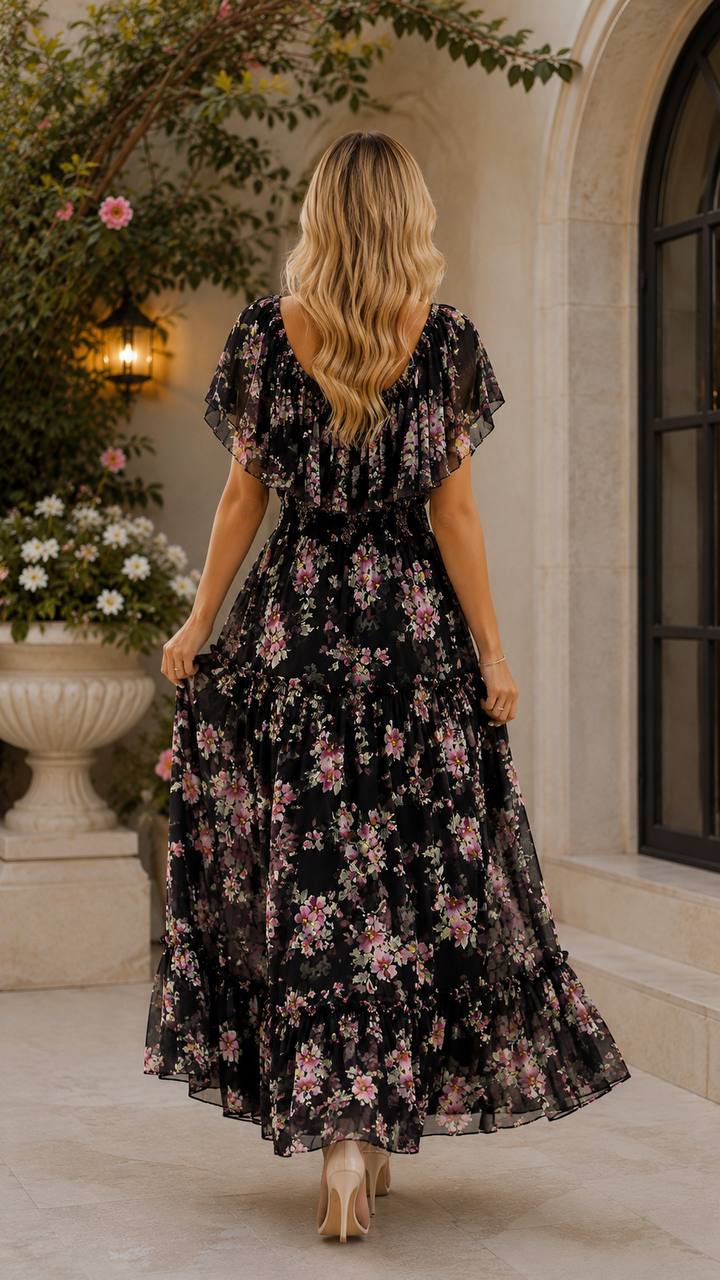 Midnight Blossom Off-Shoulder Floral Maxi Dress