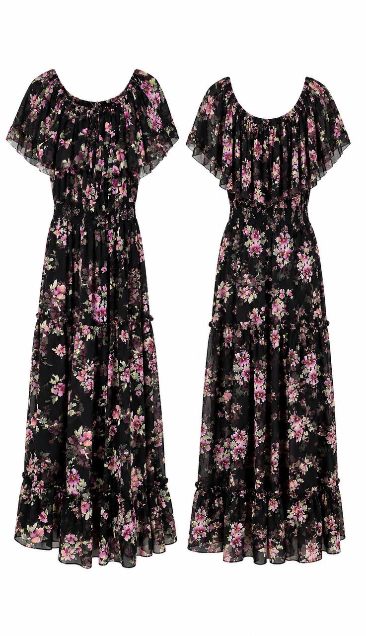 Midnight Blossom Off-Shoulder Floral Maxi Dress