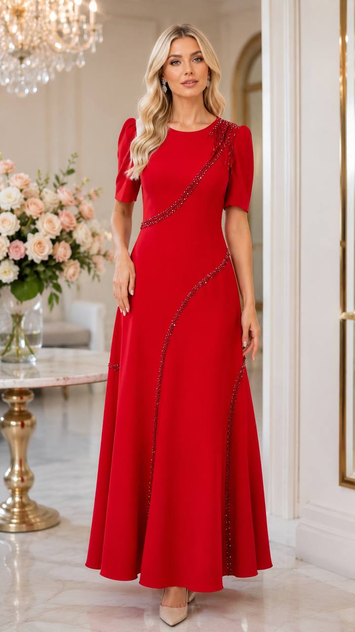 Scarlet Crystal Embellished Evening Maxi Dress
