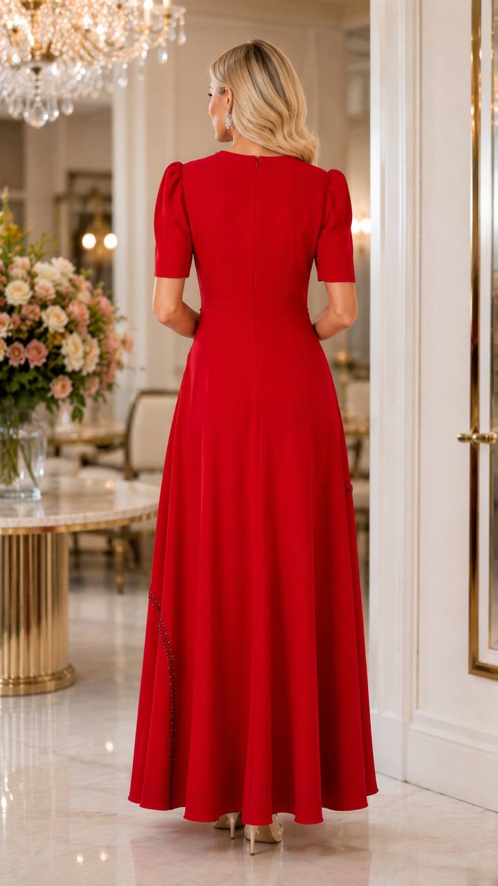 Scarlet Crystal Embellished Evening Maxi Dress