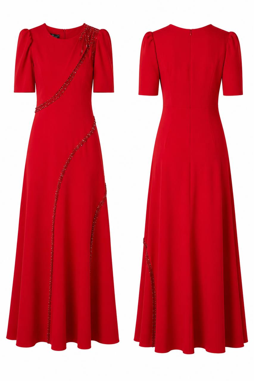 Scarlet Crystal Embellished Evening Maxi Dress