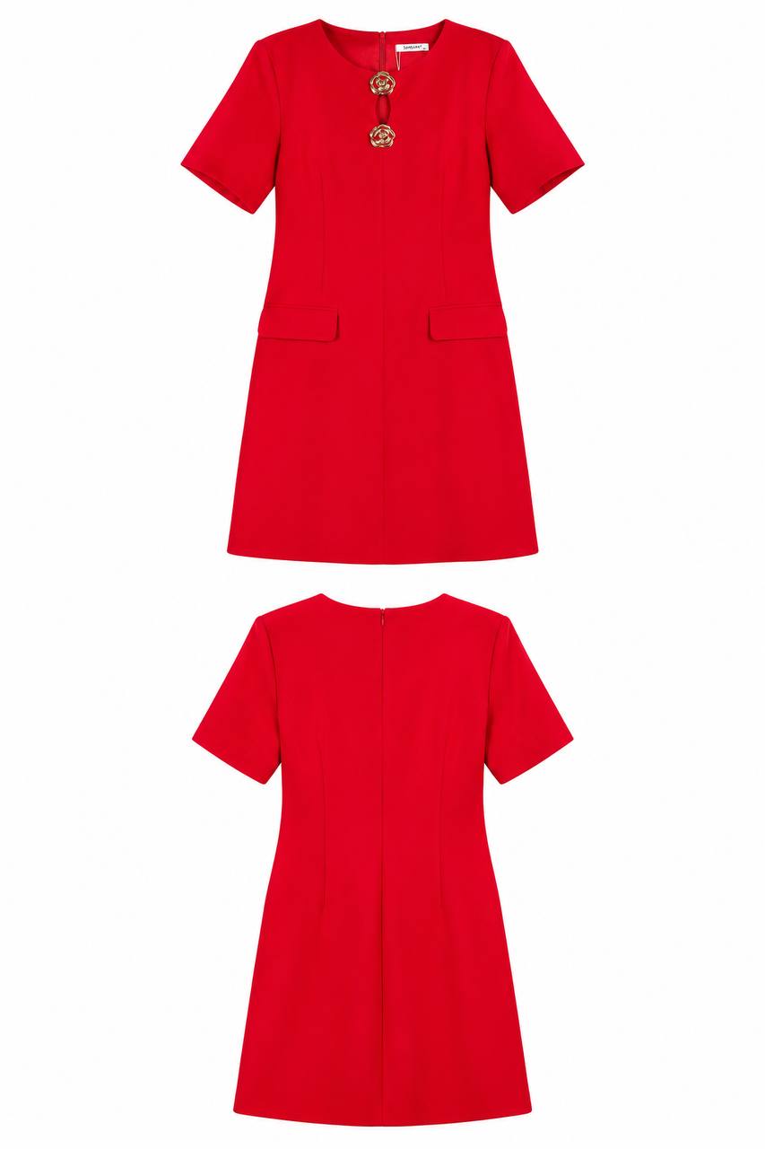 Scarlet Elegance Mini Dress with Gold Floral Accents
