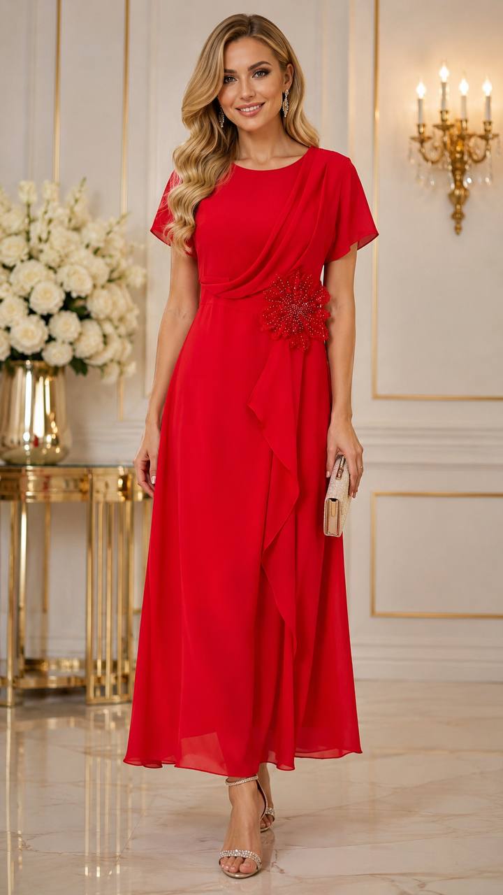 Scarlet Bloom Embellished Chiffon Maxi Dress