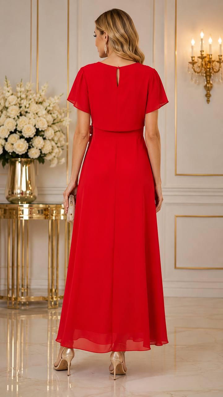Scarlet Bloom Embellished Chiffon Maxi Dress