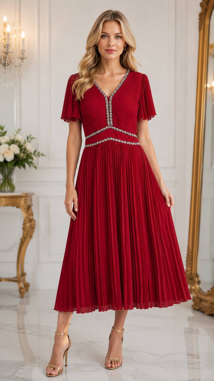 Ruby Elegance Pleated Midi Dress with Crystal Trim